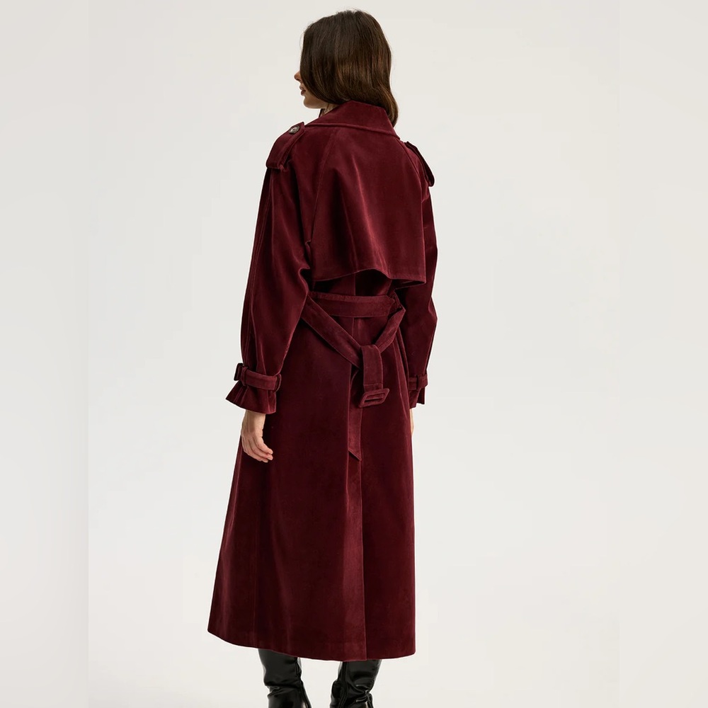Commense Belted Double-Breasted Suede Effect Long Trench Coat - Picture 5 of 16